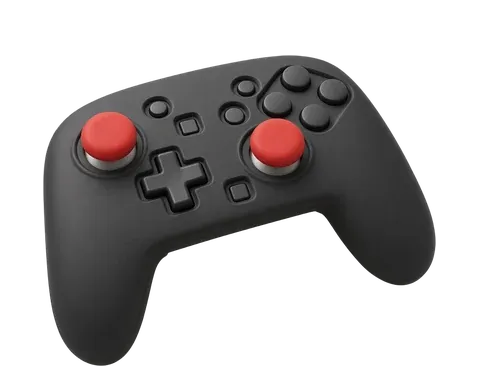 Black game controller with red thumbsticks