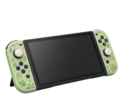 Nintendo Switch with pale sage green Joy-Con and leaf skins on both sides
